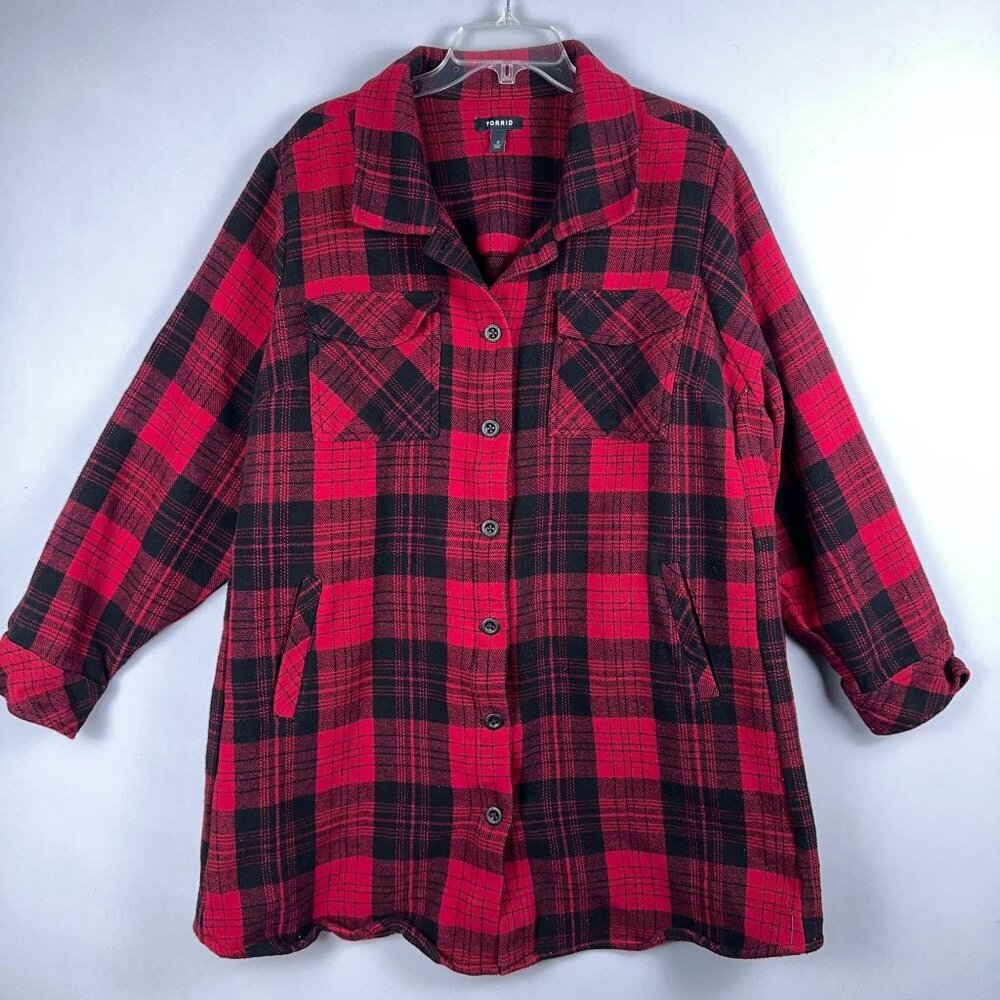 Torrid Plaid Tunic Shacket Womens 4 Button Front 3/4 Sleeve Pockets Red Black